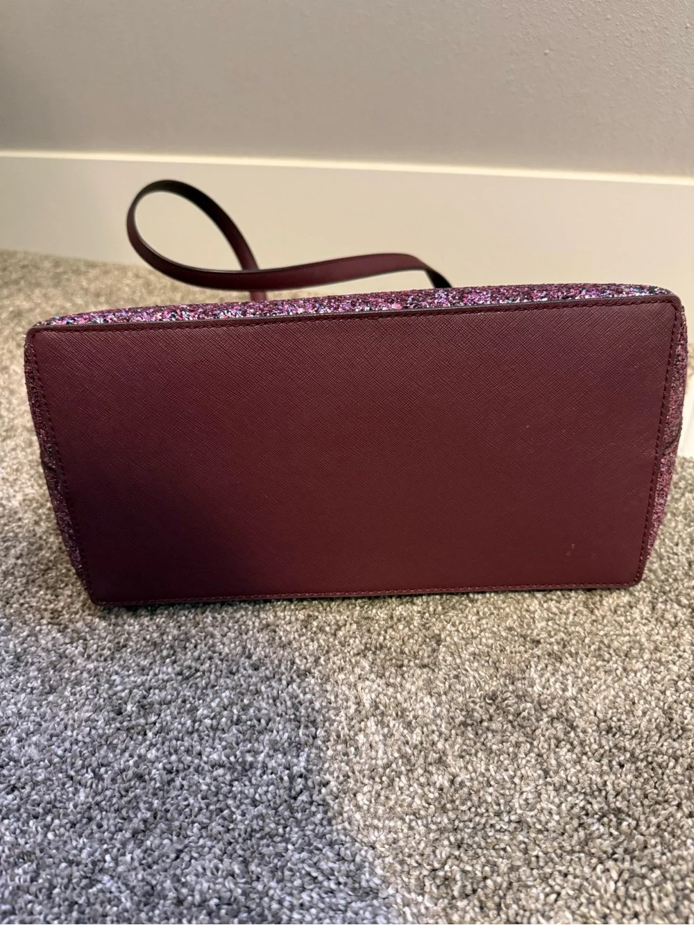 kate spade burgundy tote with pink glitter base